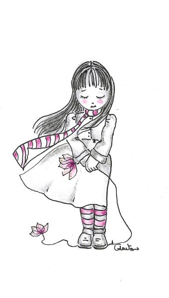 Disegno di una ragazzina con i capelli al vento e un fiore in mano